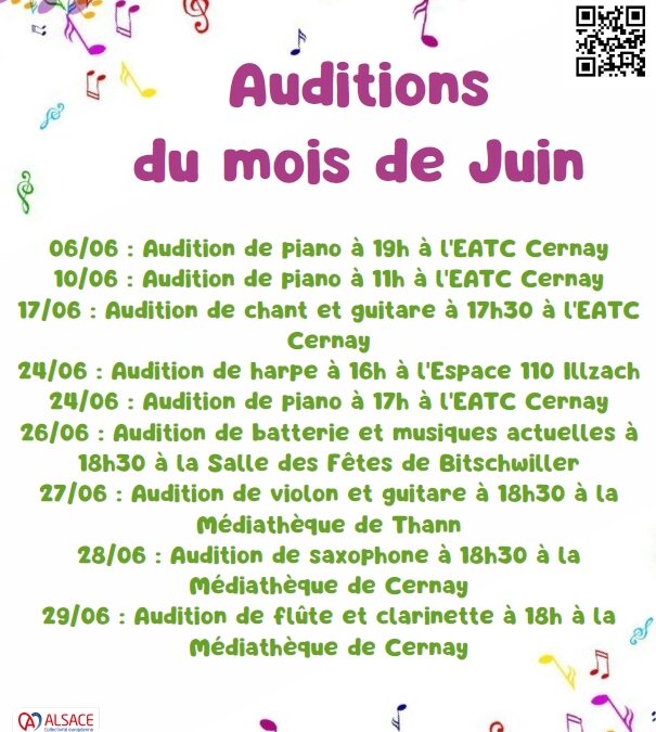 Planning des auditions de l’Ecole Artistique Thann-Cernay du mois de juin